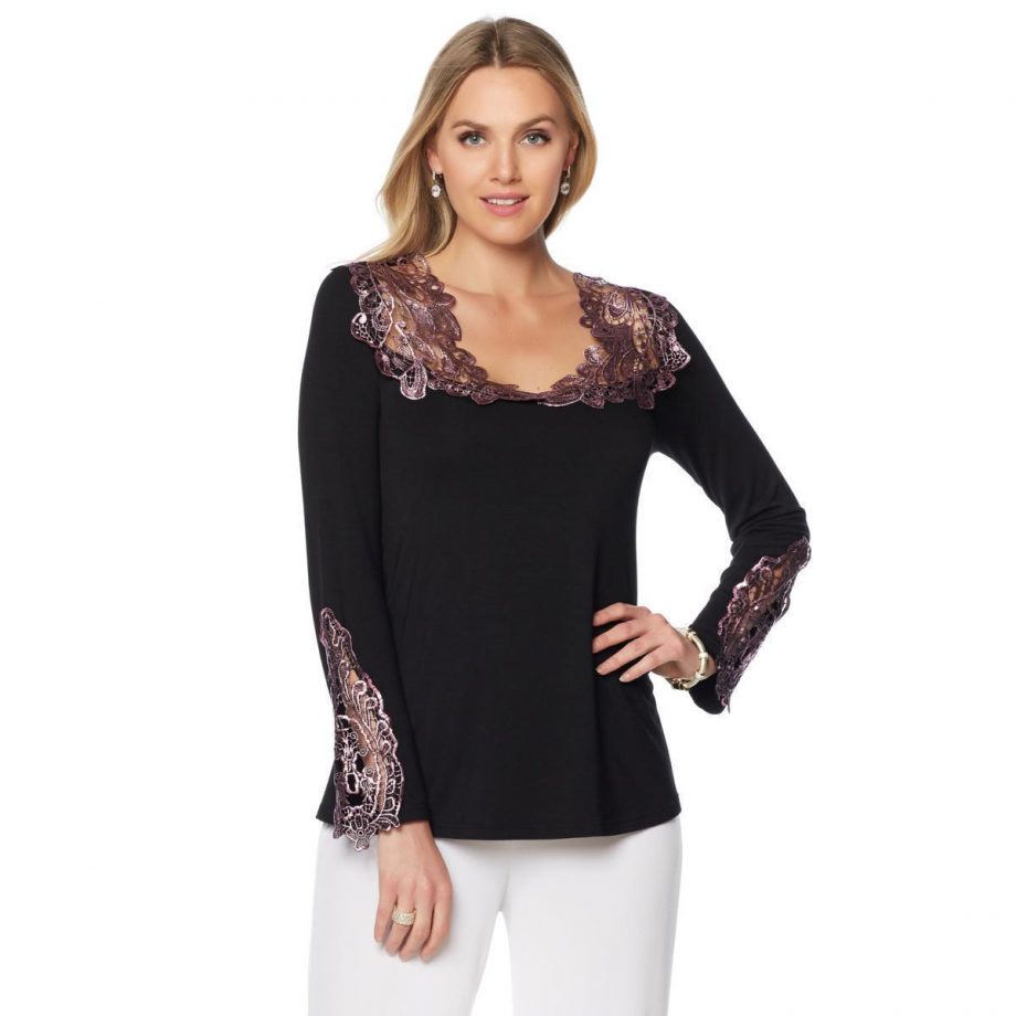 JOAN BOYCE Size L Lace Detailed Long Sleeve Top BLACK