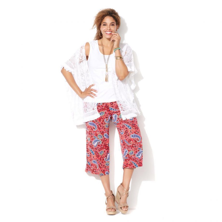 CURATIONS CARAVAN Size S Crochet Lace Open Front Kimono Tank Set WHITE
