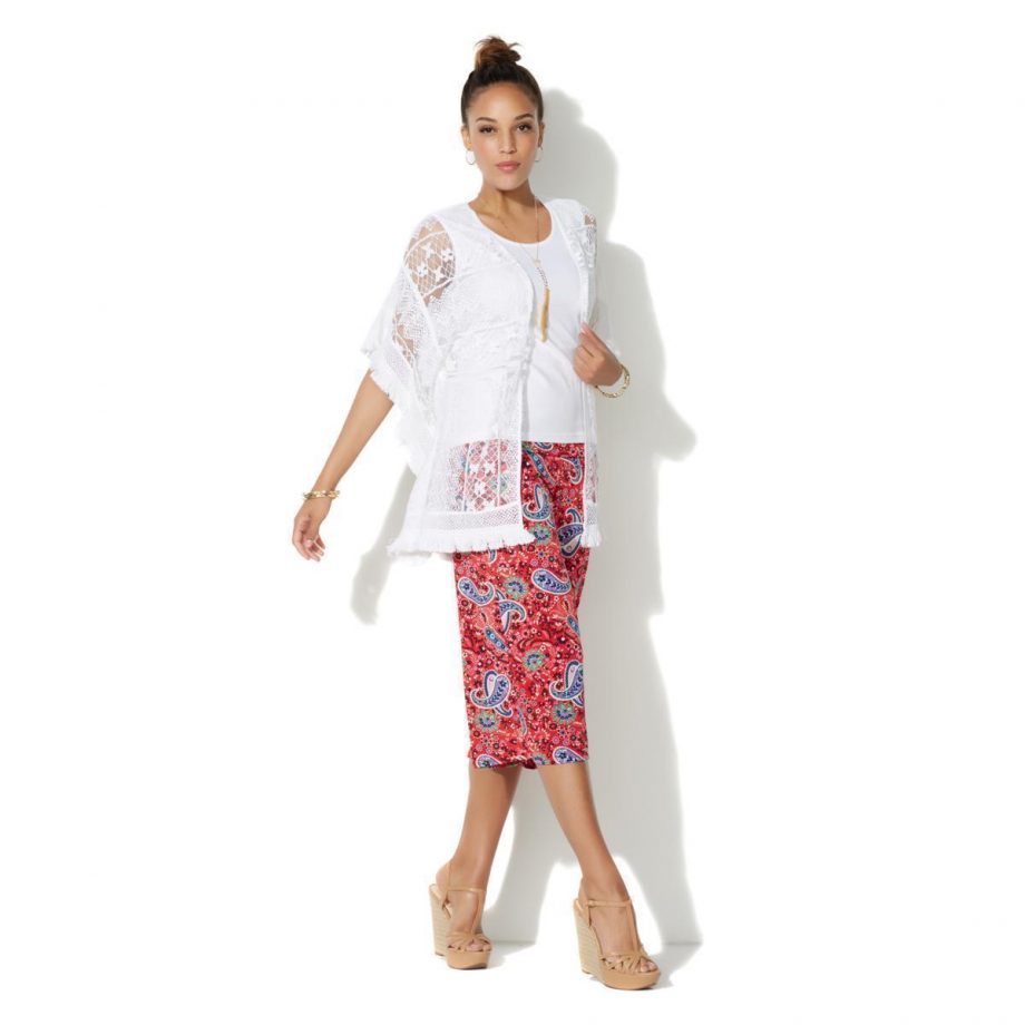 CURATIONS CARAVAN Size S Crochet Lace Open Front Kimono Tank Set WHITE