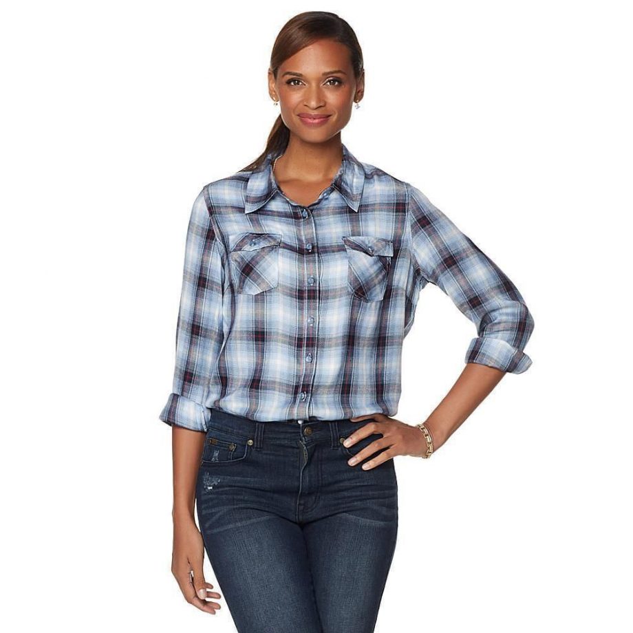 DIANE GILMAN Size S Plaid Tops Shirt Button Down Long Sleeve CHAMBRAY