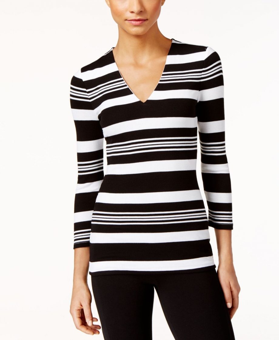 INC INTERNATIONAL CONCEPTS Size XL Striped Rib-Knit Top BLACK - WHITE