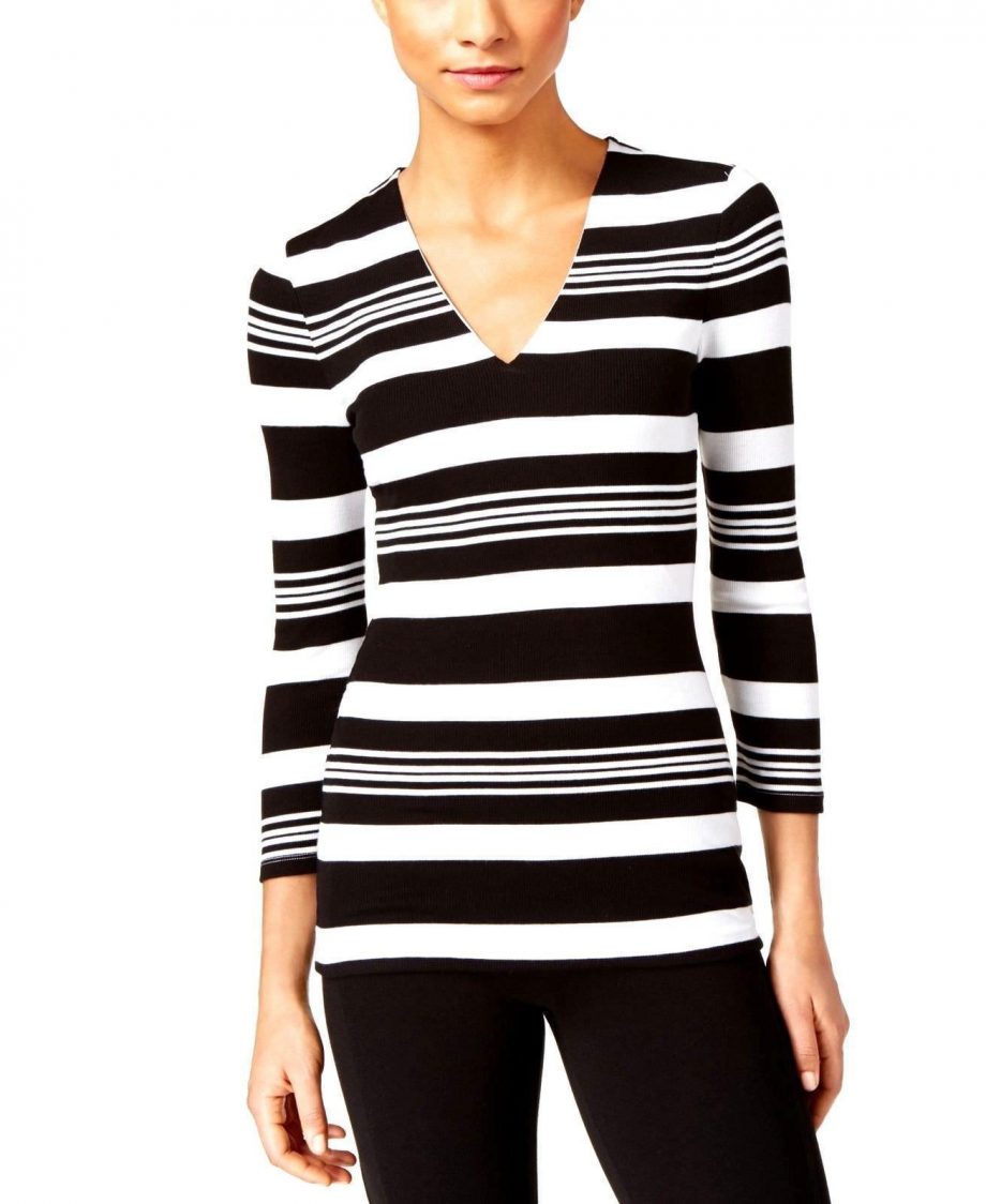 INC INTERNATIONAL CONCEPTS Size XL Striped Rib-Knit Top BLACK - WHITE