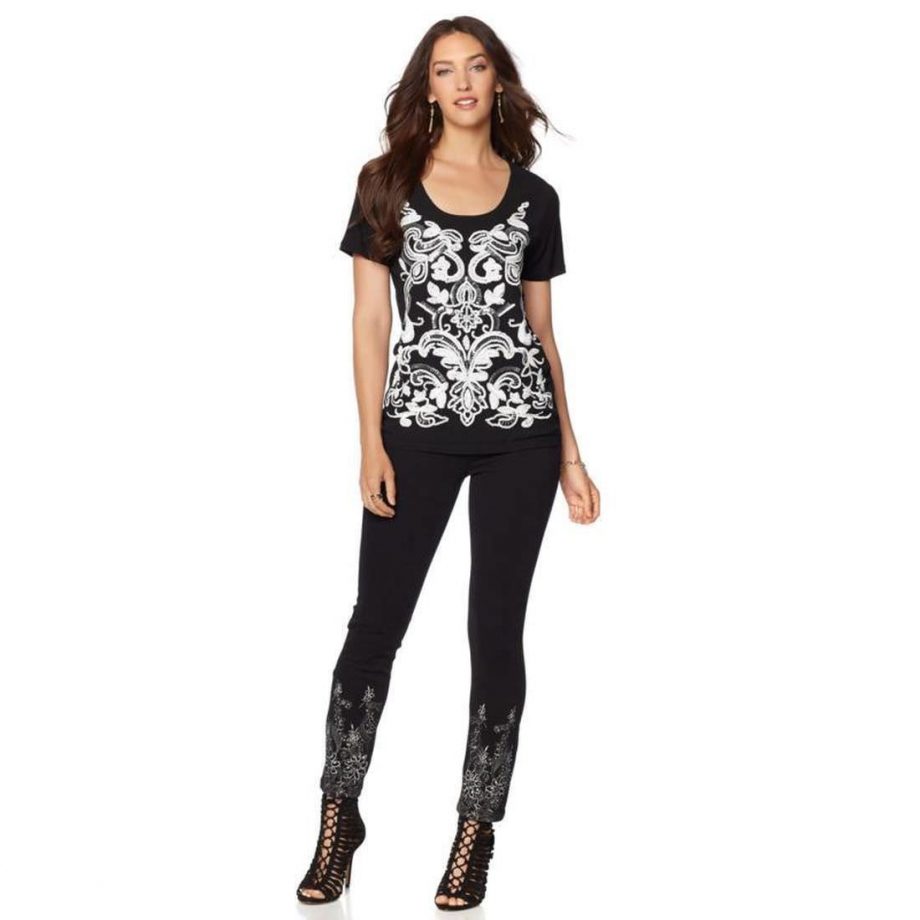 LABELLUM Size 3X Sequin Motif Georgette Top Tee BLACK