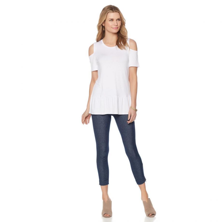 LYSSA Size M Ruffled Hem Cold Shoulder Top BLACK