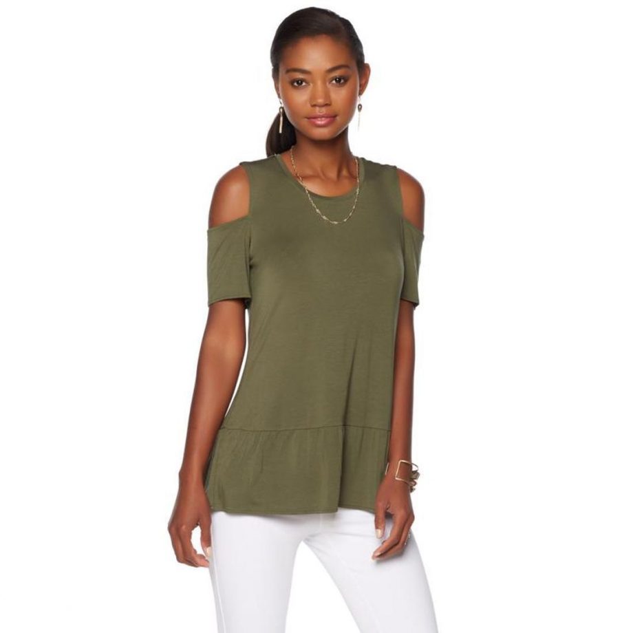 LYSSA Size M Ruffled Hem Cold Shoulder Top BLACK