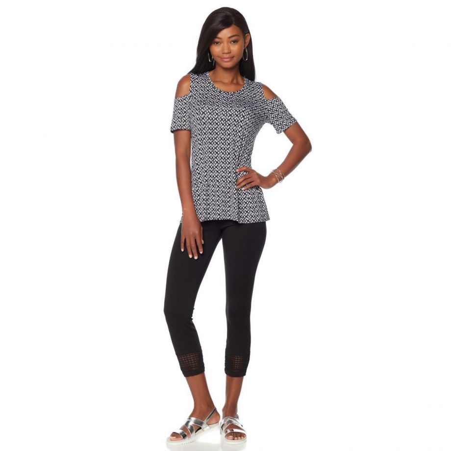 LYSSA Size M Ruffled Hem Cold Shoulder Top BLACK