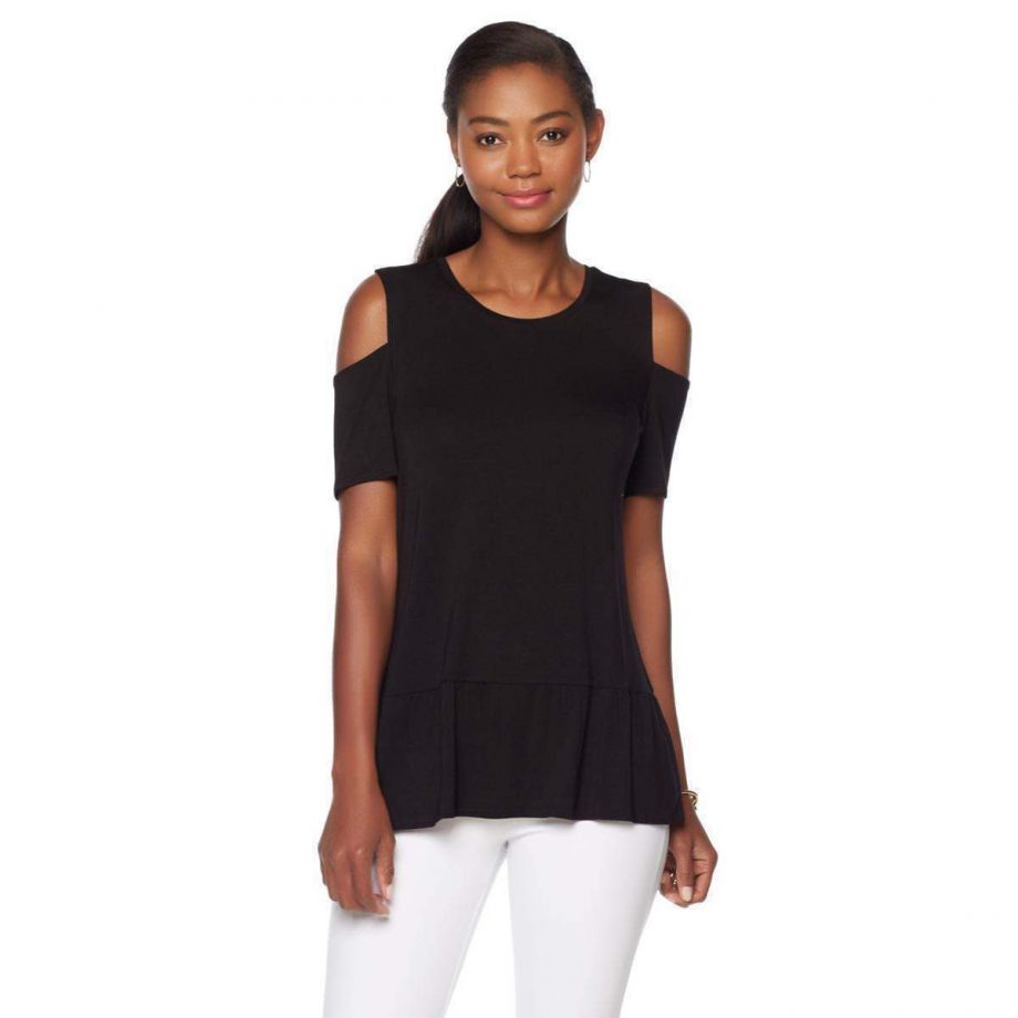 LYSSA Size M Ruffled Hem Cold Shoulder Top BLACK