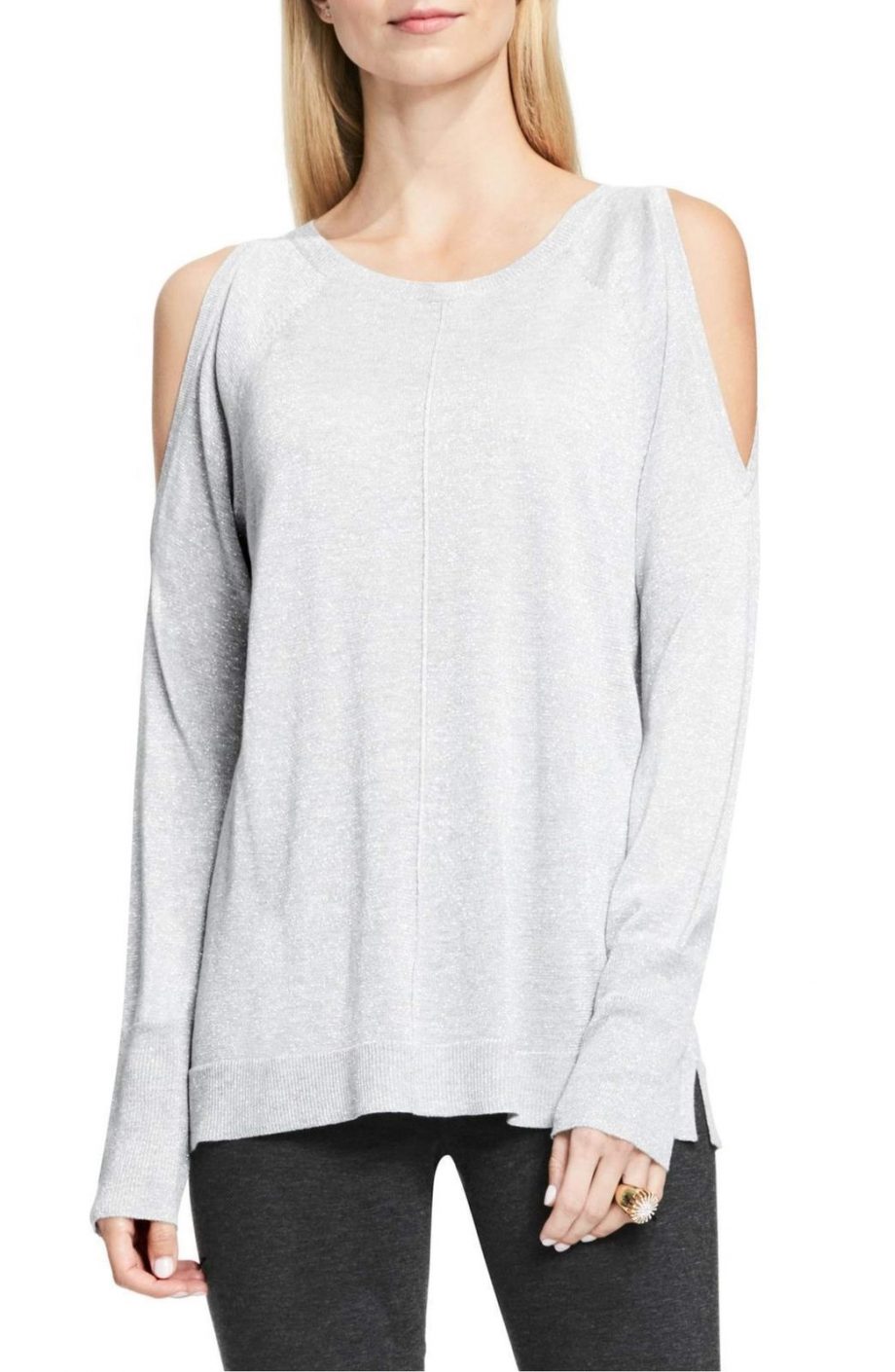 VINCE CAMUTO Size XS Metallic Knit Cold Shoulder Sweater SILVER GRAY