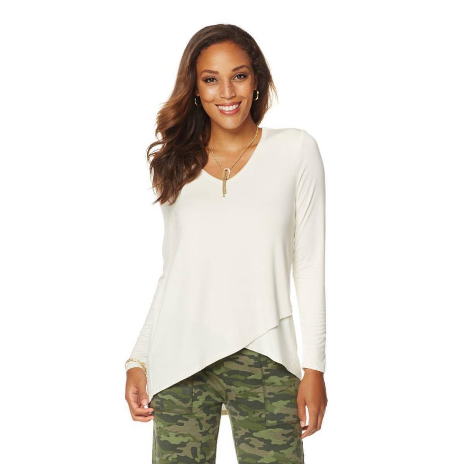 WENDY WILLIAMS Size L Crossover Knit Tee Pullover CREAM
