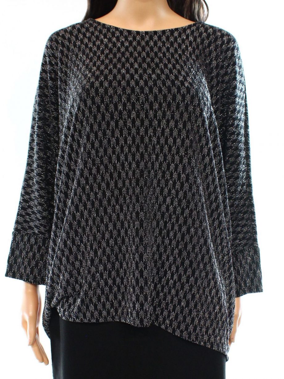 ALFANI Size L Boat Neck Shimmer Sweater BLACK SILVER LUREX