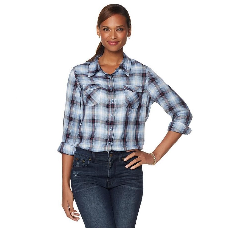 DIANE GILMAN Size L Plaid Tops Shirt Button Down Long Sleeve CHAMBRAY