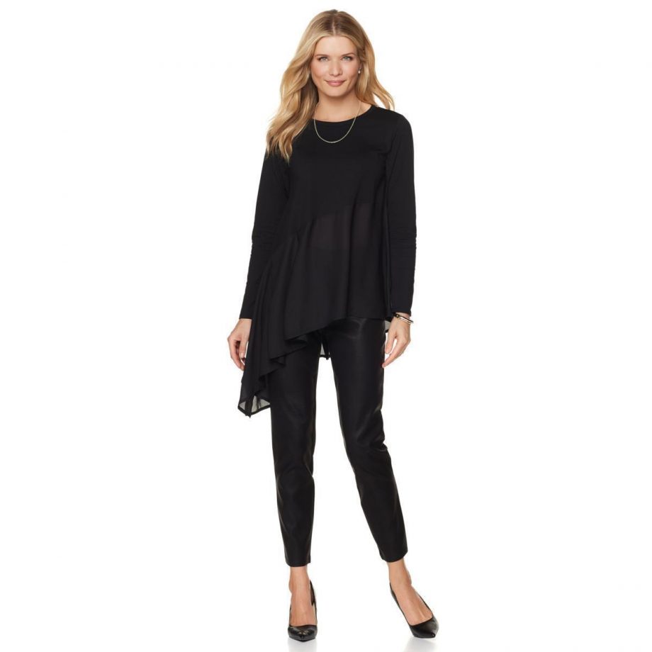DIANE GILMAN Size L Asymmetric Chiffon Hem Box Pleat Top BLACK