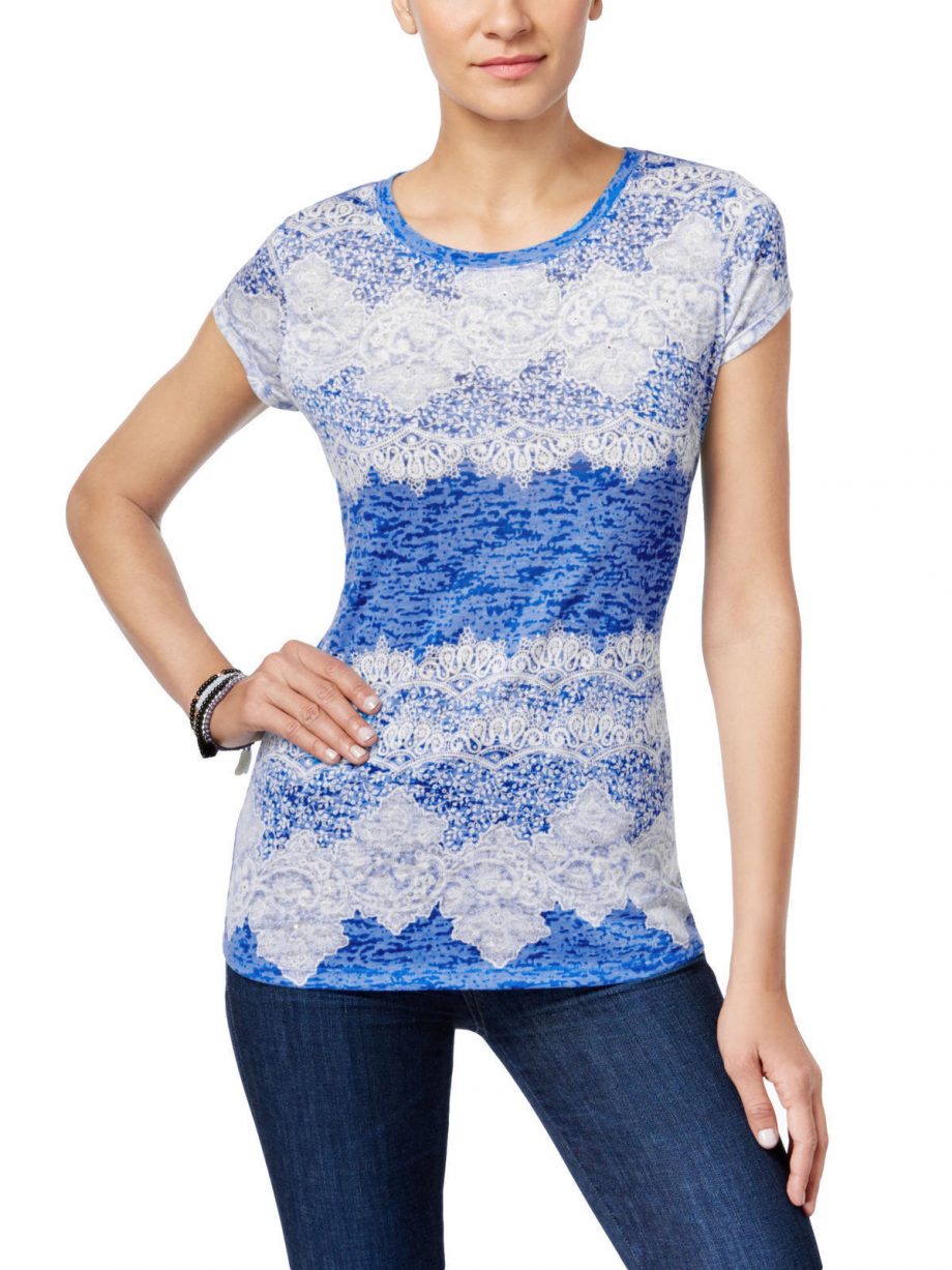 INC INTERNATIONAL CONCEPTS Size XL Lace-Print T-Shirt CARIBE BLUE