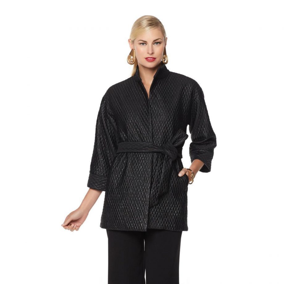 NATORI Size 3X Quilted Open Topper Belt mandarin collar kimono JACKET BLACK