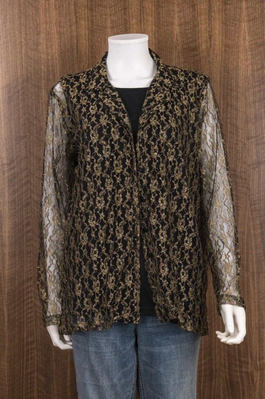SALON STUDIO Size L 2pc Black Gold Button Down Sheer Blouse Tank Top