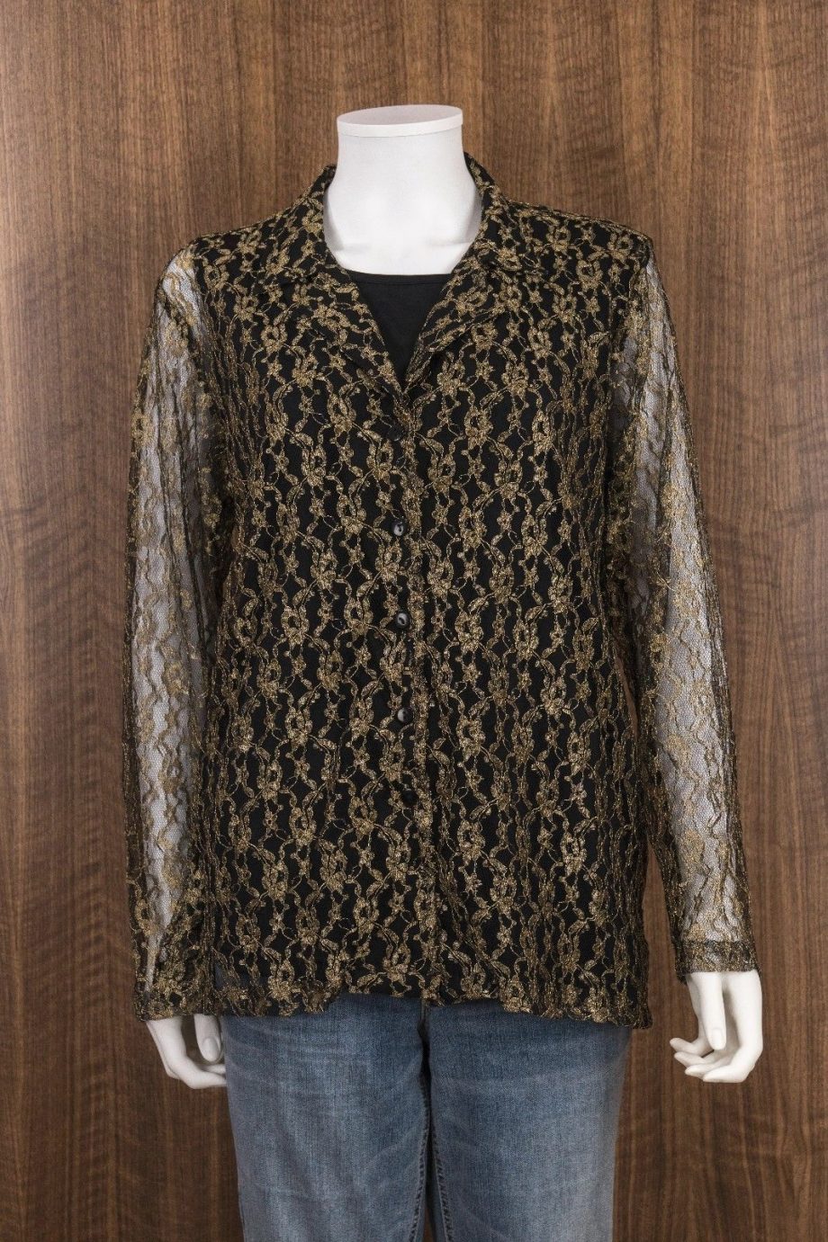 SALON STUDIO Size L 2pc Black Gold Button Down Sheer Blouse Tank Top