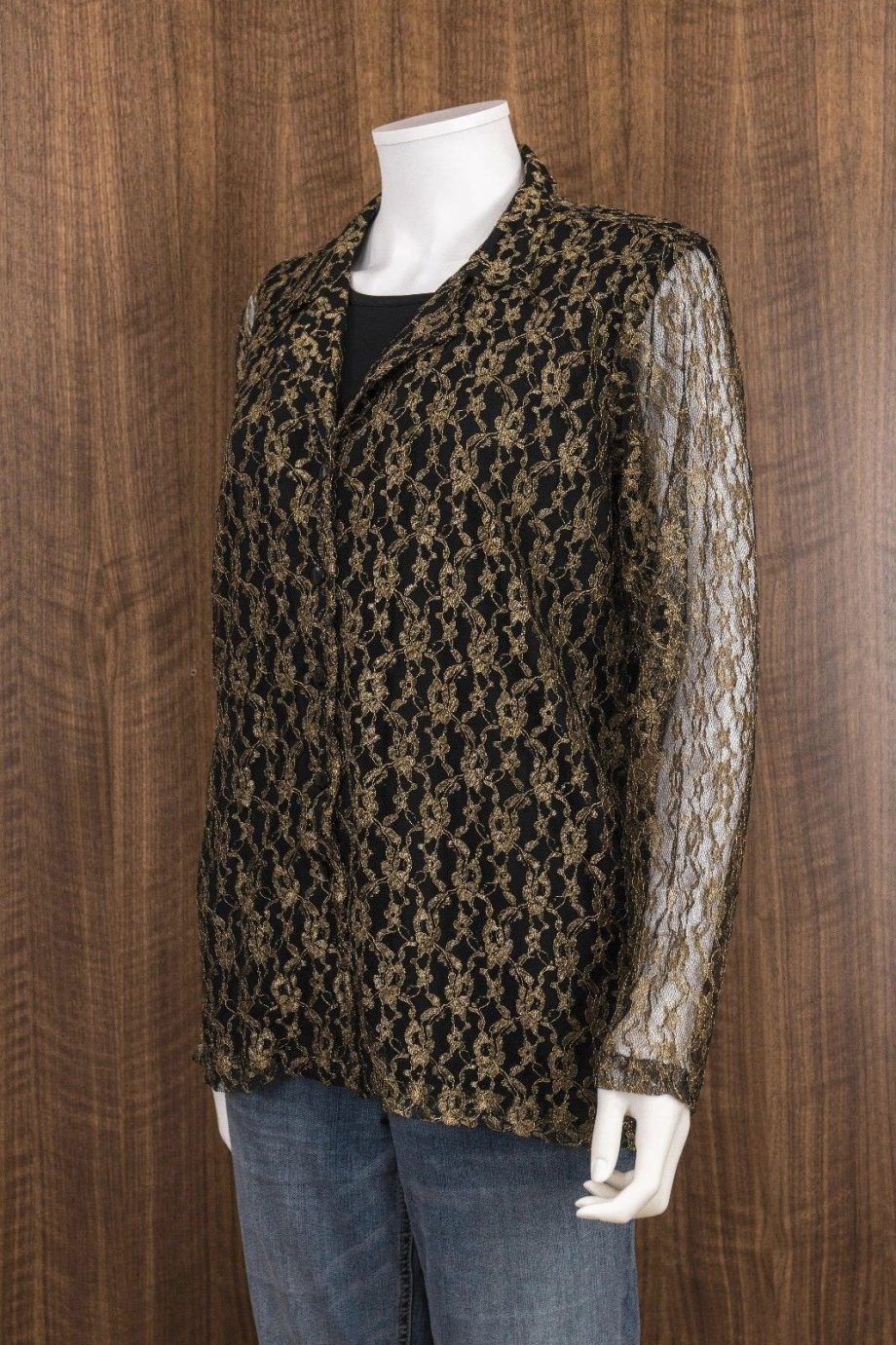 SALON STUDIO Size L 2pc Black Gold Button Down Sheer Blouse Tank Top