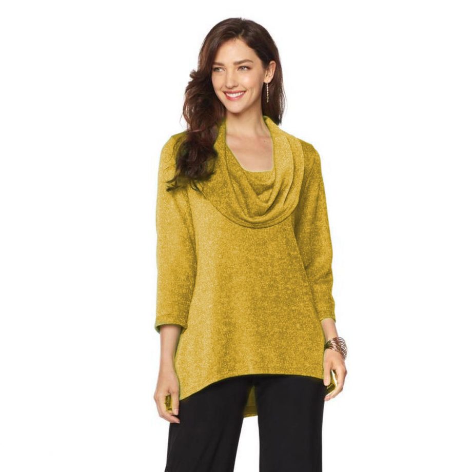 SLINKY BRAND Size L 3/4 Sleeve Cowl Neck Sparkle Sweater GOLD