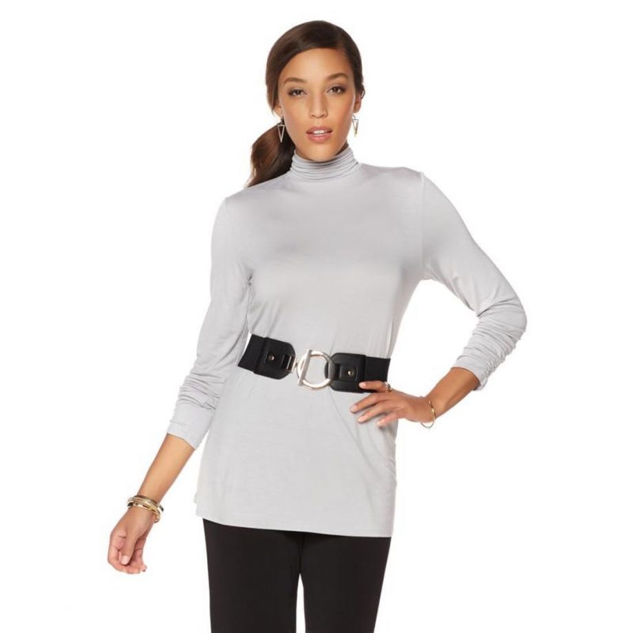 SLINKY BRAND Size 1X Long Sleeve Mock Neck Tunic Top SILVER