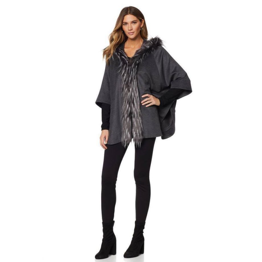 ADRIENNE LANDAU Size M/L Hooded Kimono Jacket w Faux Fox Trim GRAY