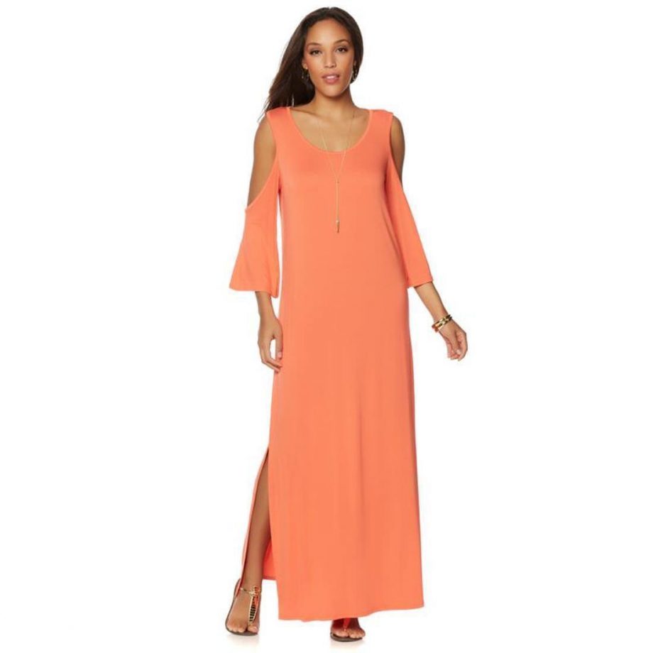 DIANE GILMAN Size L Cold Shoulder Maxi Dress Scoop Neck CORAL