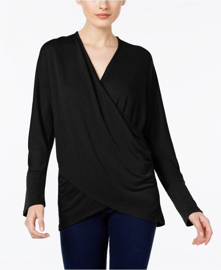 INC INTERNATIONAL CONCEPTS Size L Draped Crossover Top BLACK