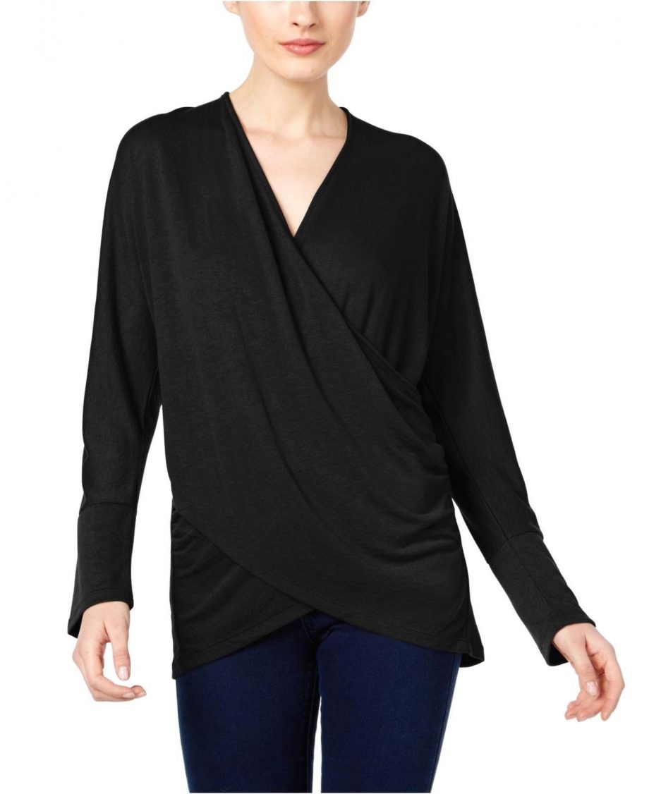 INC INTERNATIONAL CONCEPTS Size L Draped Crossover Top BLACK