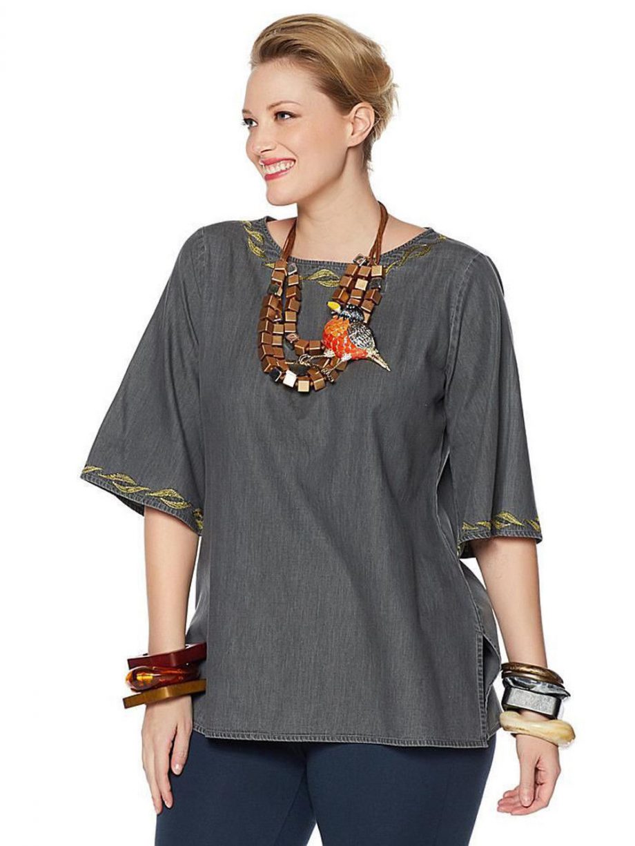 RARA AVIS BY IRIS Size 2 Embroidered Denim Top Short Sleeves GRAY