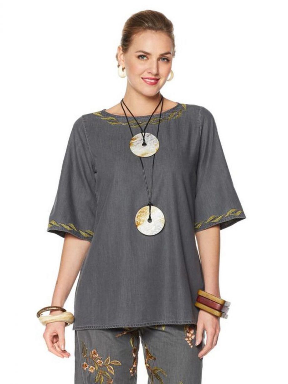 RARA AVIS BY IRIS Size 2 Embroidered Denim Top Short Sleeves GRAY