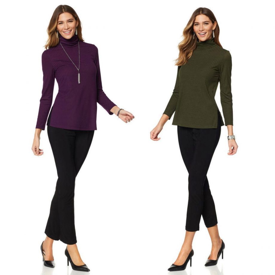 SLINKY BRAND Size M 2-pack Long Sleeve Turtleneck Tunics GREEN / PURPLE