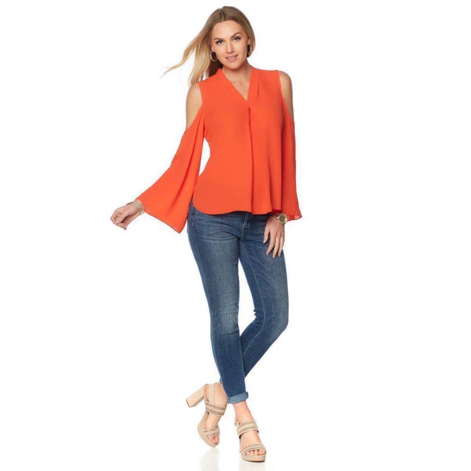 VINCE CAMUTO Size S Bell Sleeve Cold Shoulder Top Blouse RED HOT