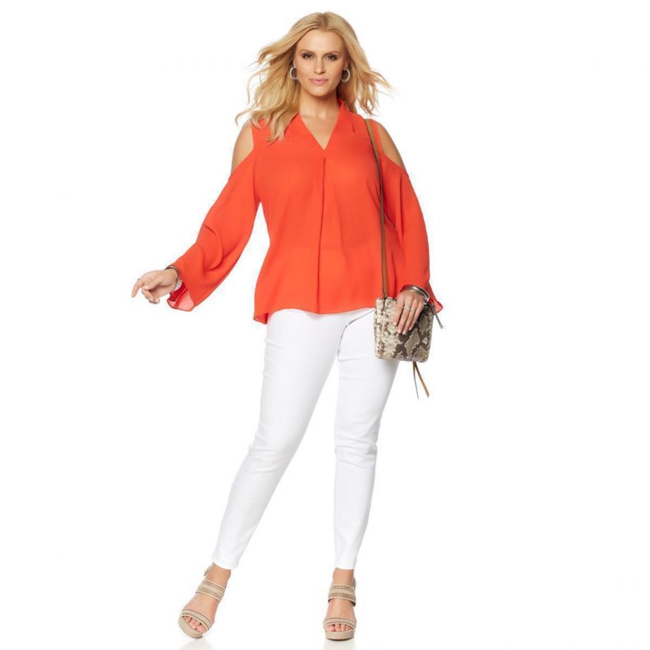 VINCE CAMUTO Size S Bell Sleeve Cold Shoulder Top Blouse RED HOT